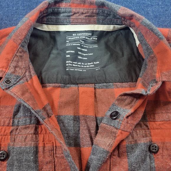 REI Co-op Mens Large Orange Gray Buffalo Plaid Organic Cotton Flannel Shirt - Picture 8 of 10